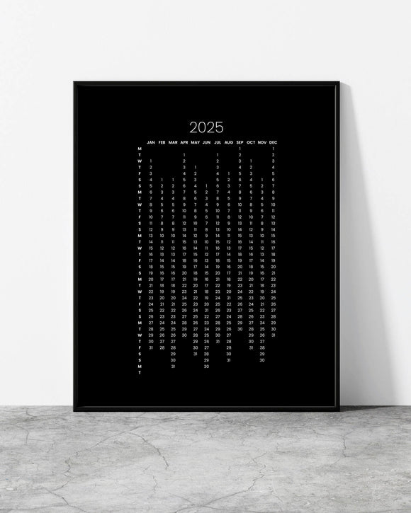 Minimalist black 2025 wall calendar with a sleek linear layout in a black frame.