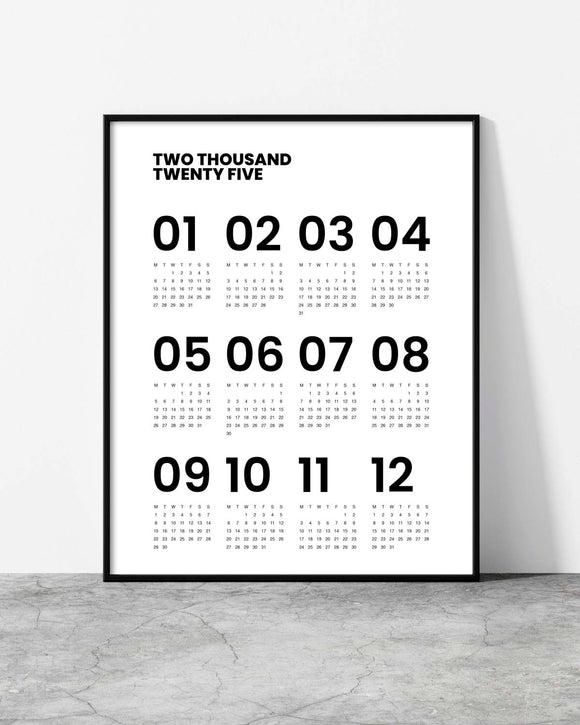 2025 wall calendar with black bold month numbers and a clean white background.