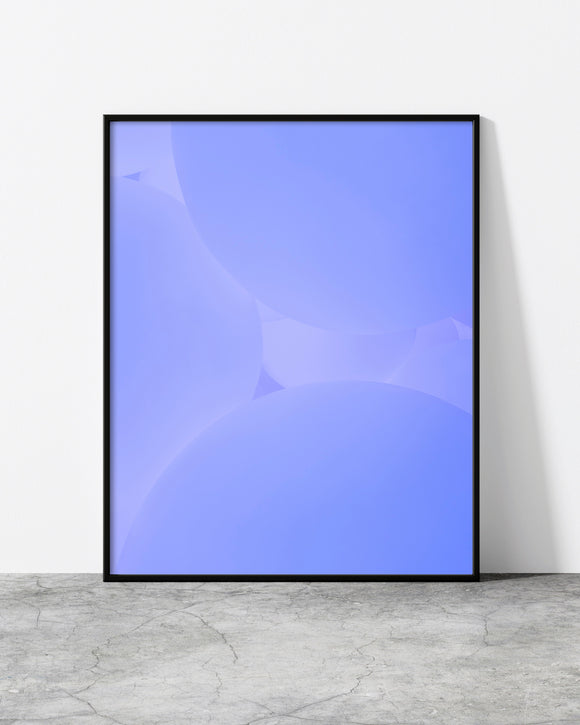 Minimalist abstract art print featuring soft glowing balloon-like shapes in a gradient of blue tones.