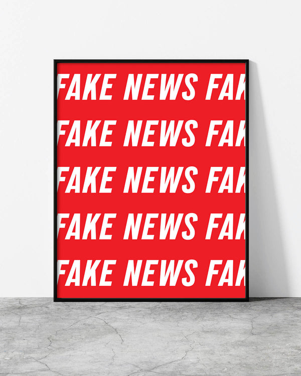 Urban-style wall art displaying the text "FAKE NEWS" in a bold, repeating pattern on a vibrant red canvas