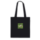 Black tote bag featuring a centered print of a sheep and lamb in lush green grass.